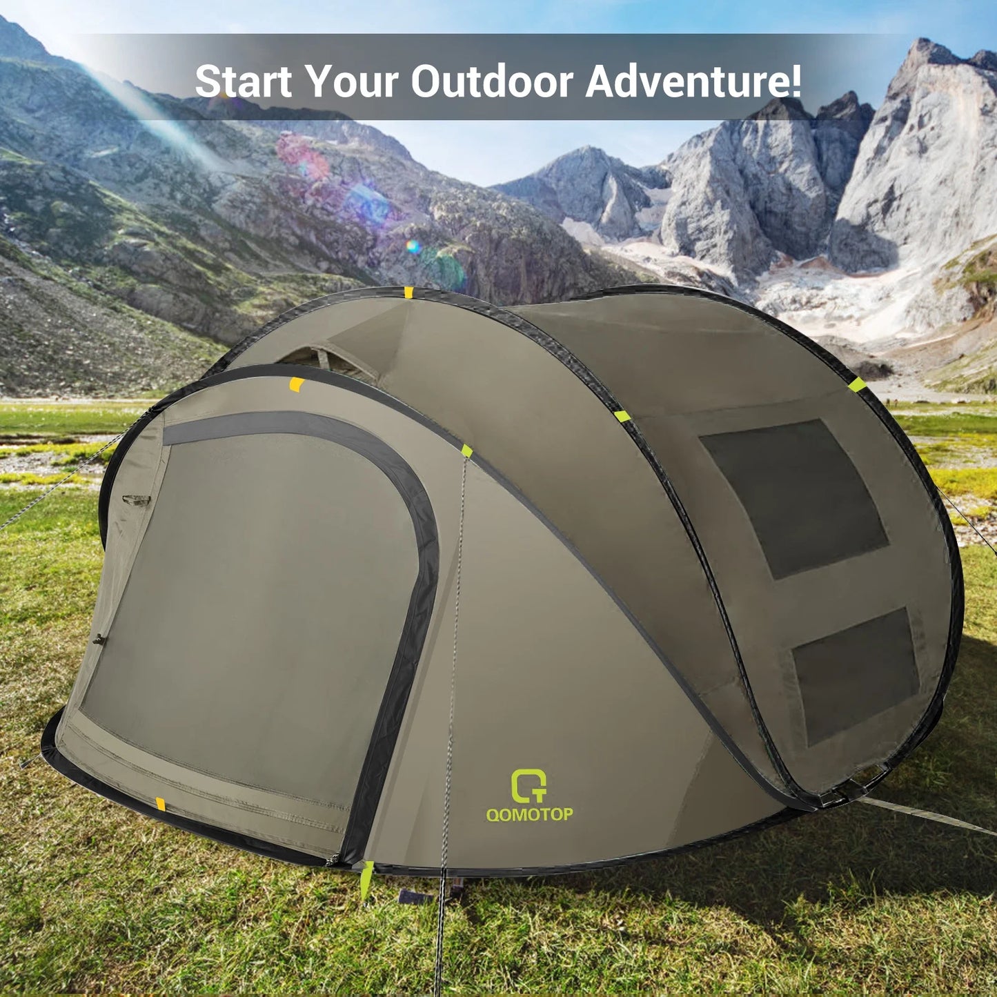 4-Person Instant Camping Tent with Automatic Setup, Waterproof Features, and Spacious Side Screen Windows in Green
