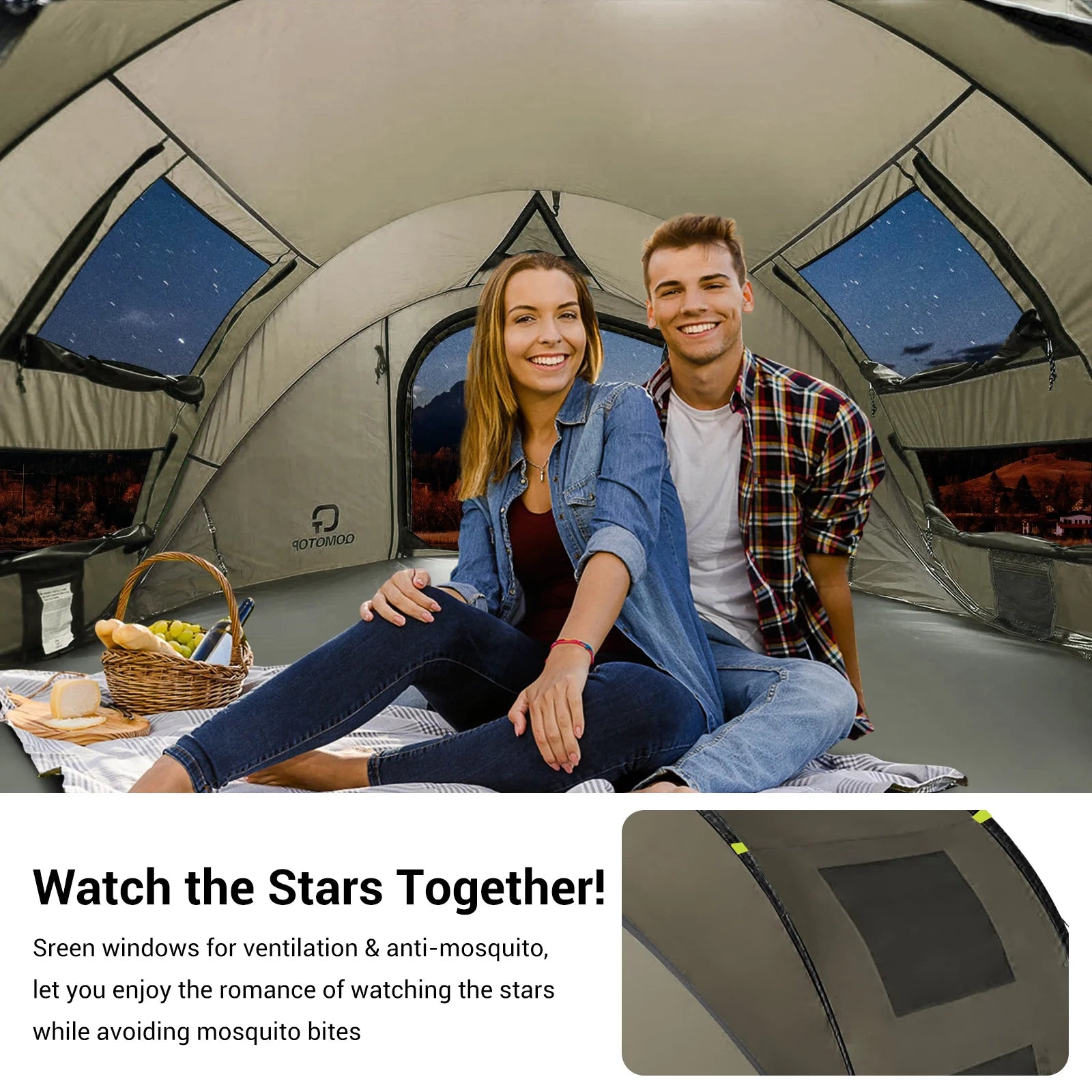 4-Person Instant Camping Tent with Automatic Setup, Waterproof Features, and Spacious Side Screen Windows in Green