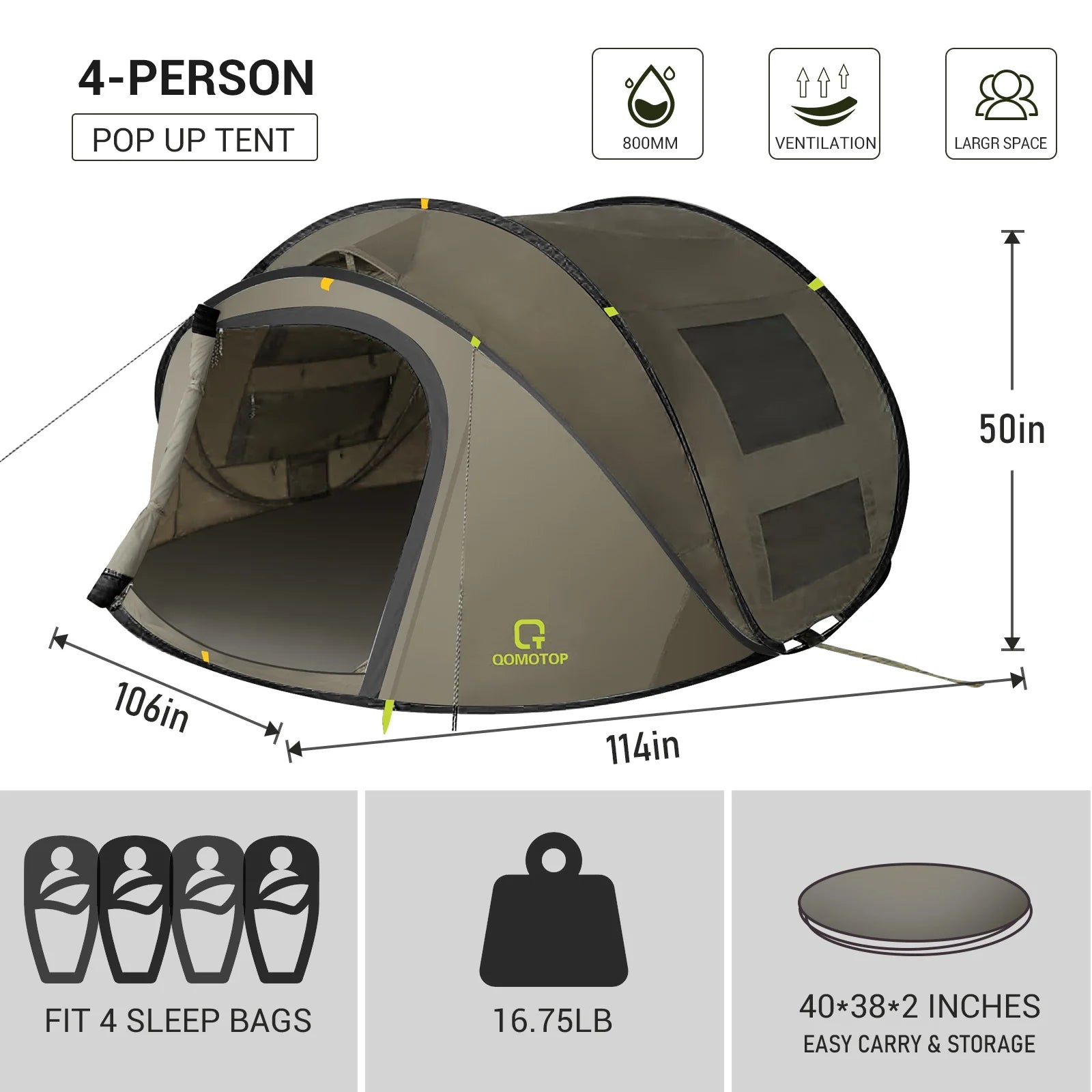 4-Person Instant Camping Tent with Automatic Setup, Waterproof Features, and Spacious Side Screen Windows in Green