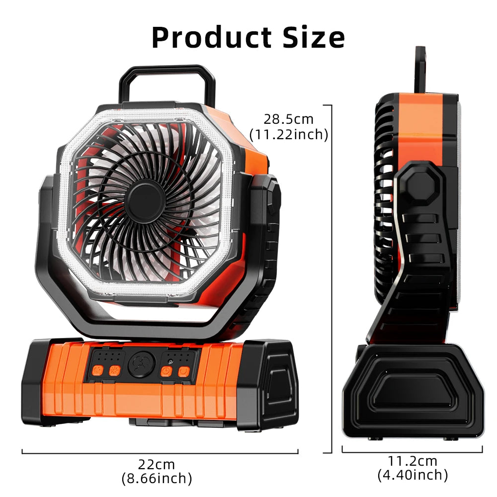 20000mAh High-Capacity Portable Battery Fan with LED Light and Hook - Perfect for Camping, Outdoor Adventures, and Office Comfort