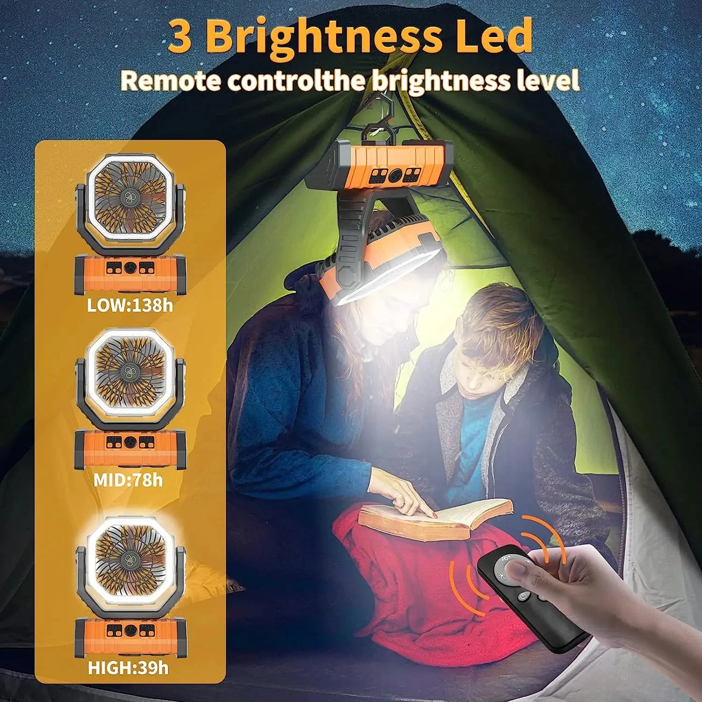 20000mAh High-Capacity Portable Battery Fan with LED Light and Hook - Perfect for Camping, Outdoor Adventures, and Office Comfort